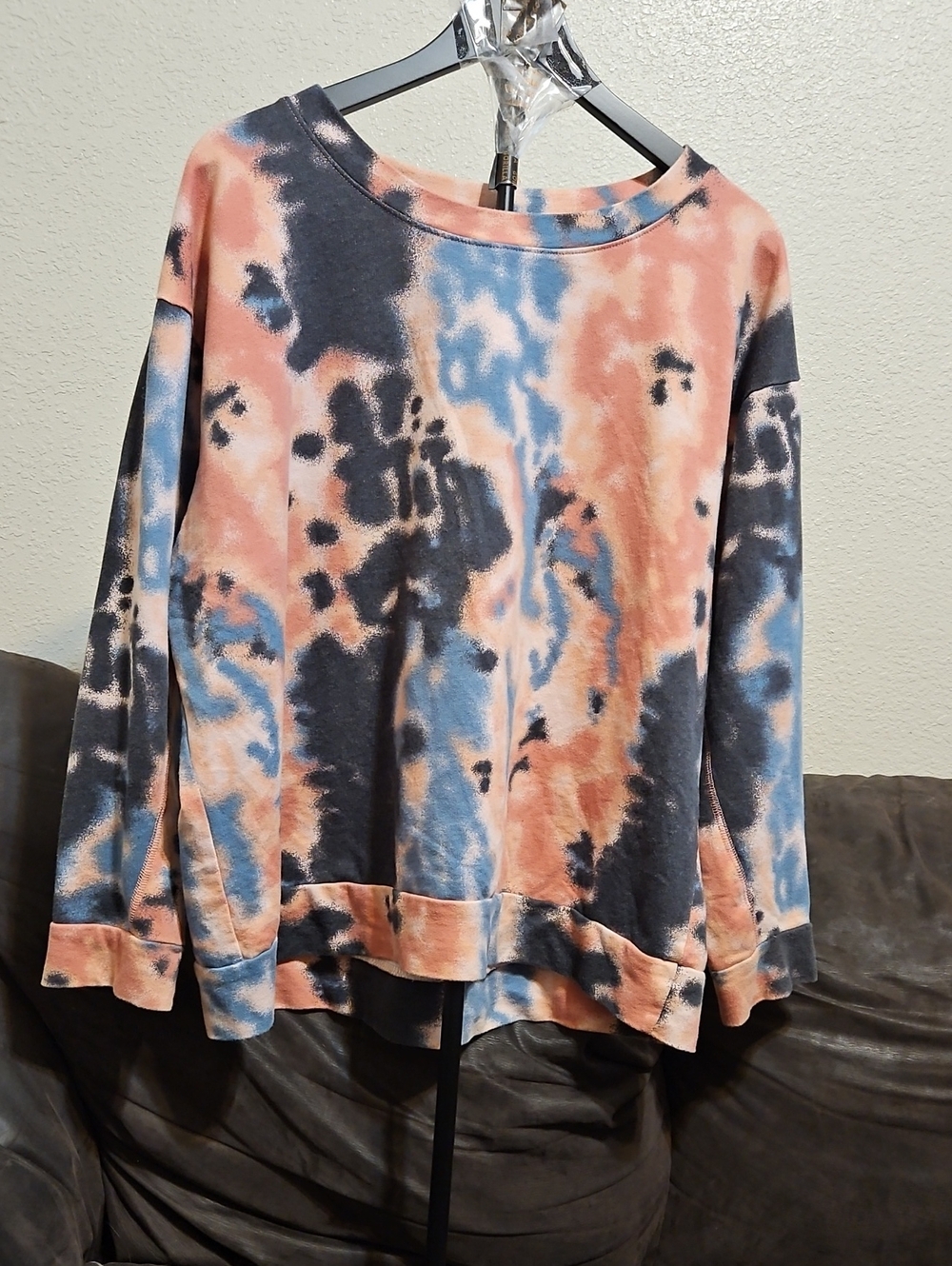 Miss Chievous Tie-Dye Pullover Sweatshirt — Peach, Blue & Gray